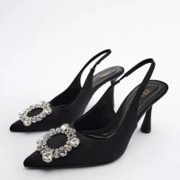 2023 summer Za/raˉnew womens shoes black rhinestone decoration details slingback high heels stiletto sandals