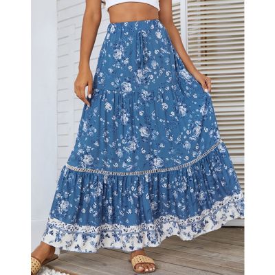 【CW】 Boho Beach Skirts Waist Skirt Big Hem Floral Printing Clothing Female