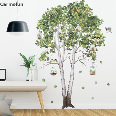 Carmelun ✿ สติ๊กเกอร์ติดผนังใบไม้สีเขียวต้นเบิร์ช Hiasan Kamar โปสเตอร์บ้านนกตกต่งโปสเตอร์ห้องรับแขกห้องนอนผนัง PVC