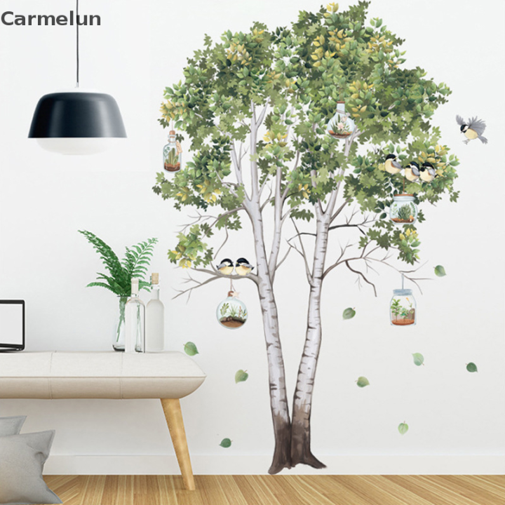 carmelun-สติ๊กเกอร์ติดผนังใบไม้สีเขียวต้นเบิร์ช-hiasan-kamar-โปสเตอร์บ้านนกตกต่งโปสเตอร์ห้องรับแขกห้องนอนผนัง-pvc