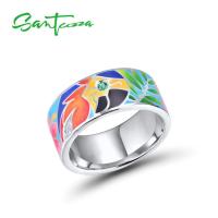 SANTUZZA Silver Rings For Women 925 Sterling Silver White CZ Handmade Enamel Lovely Parrot Unique Ring Party Fashion Jewelry