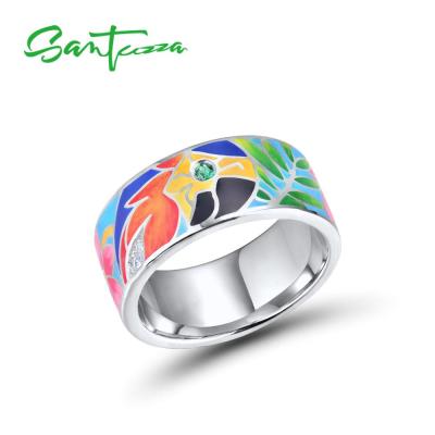 SANTUZZA Silver Rings For Women 925 Sterling Silver White CZ Handmade Enamel Lovely Parrot Unique Ring Party Fashion Jewelry