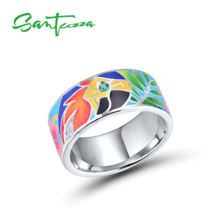 santuzza-silver-rings-for-women-925-sterling-silver-white-cz-handmade-enamel-lovely-parrot-unique-ring-party-fashion-jewelry