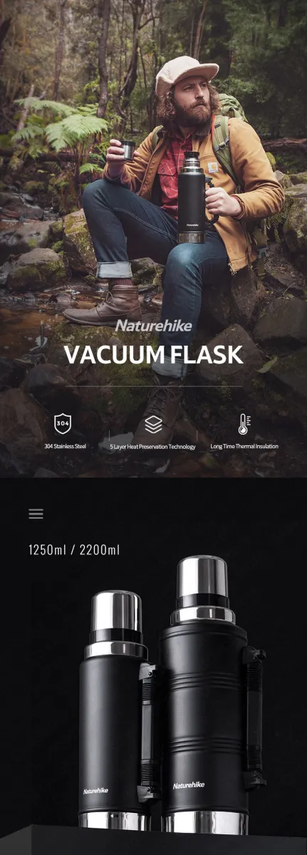 Naturehike 1250ML/2200ML Large Capacity Vacuum Flask Sport Bottle 304 Stainless Steel Outdoor Thermos Bottle Camping Hiking Thermos Cup