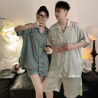 Gifts New Couple Pajamas Men And Women In Summer Thin Ice Snow Silk High -Quality Stripe Short -Sleeved Shorts,