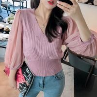 COD DSFERTGERRYYY Chiffon Shirt Puff Sleeve Stitching Knit Top Autumn New Style Korean Version High Waist Slim -