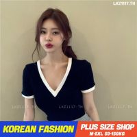 Plus size เสื้อผ้าสาวอวบ❤ เสื้อยืดสาวอวบอ้วน ไซส์ใหญ่ ผู้หญิง เสื้อยืดรัดรูป แขนสั้น คอวี สีดำ ฤดูร้อน สไตล์เกาหลีแฟชั่น V728