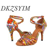 hot【DT】 DKZSYIM Latin Shoes Female Ladies Ballroom Tango Print Flowers Soft Bottom 6-10CM