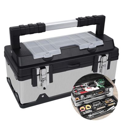 Tool Box Thickened Stainless Steel ToolBox Household Storage Box Double-layer Large Capacity Storage Case Multifunction Garage Repair Organizer Shockproof Box Electrician Suitcase