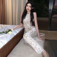 (พร้อมส่ง) จั้มสูทลูกไม้ สวยหรูไฮโซมาก ดีเทลจั้มสูทขายาวแขนกุด ทรงต่อเอวสูง