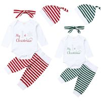 Autumn Baby My First Christmas Striped Clothes Set Infant Boys Girls Long Sleeve Romper Tops Pants Kids Xmas Outfits 0-24M  by Hs2023