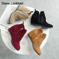 2023 New Platform Openwork Women Ankle Boots Autumn Wedge Heels Cutout Booties Flock Summer Mesh Boats For Ladies Party Shoes