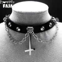 №✁✟ Harajuku Choker Goth Satan Inverted Peter 39;s Cross Necklace Stainless Steel PU Leather Cosplay Anime Necklaces Jewelry Gift N8373