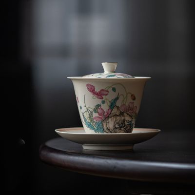 ดอกไม้โบราณหิน Gaiwan สำหรับชาเซรามิค Tureen Teaware ชุดไม้ Ash ชาจีนชาม Chawan Lily Deng S Store ถ้วยชา