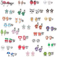 30 Pairs Stainless Steel Mixed Animals Heart Star Ladybug Frog Mushroom Tree Daisy Umbrella Stud Earrings Set Kids