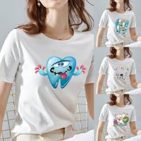 ✙✵❏  Cute Teeth Pattern T Shirt Women Harajuku Style Top O-neck Tshirt White Streetwear Classic All-match Short Sleeve T-shirt 2022