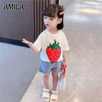 AMILA เสื้อยืดแขนสั้นเสื้อยืดคอกลมเด็กหญิงลายการ์ตูนสตรอเบอร์รี่,เสื้อยืดแฟชั่นการ์ตูนน่ารักลายสตรอเบอร์รี่เปลี่ยนสีทรงหลวมสำหรับฤดูร้อน