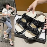 Belt Buckle Slippers Summer 23 New Open-toed Sandals Womens Thick-soled Fashion One-and-a-half-slip womens shoes 〖WYUE〗