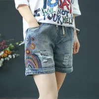 Summer New Retro Loose Embroidery High Waist Denim Shorts Womens Elastic All-Match Spring Roll Missing Edge Pants Women