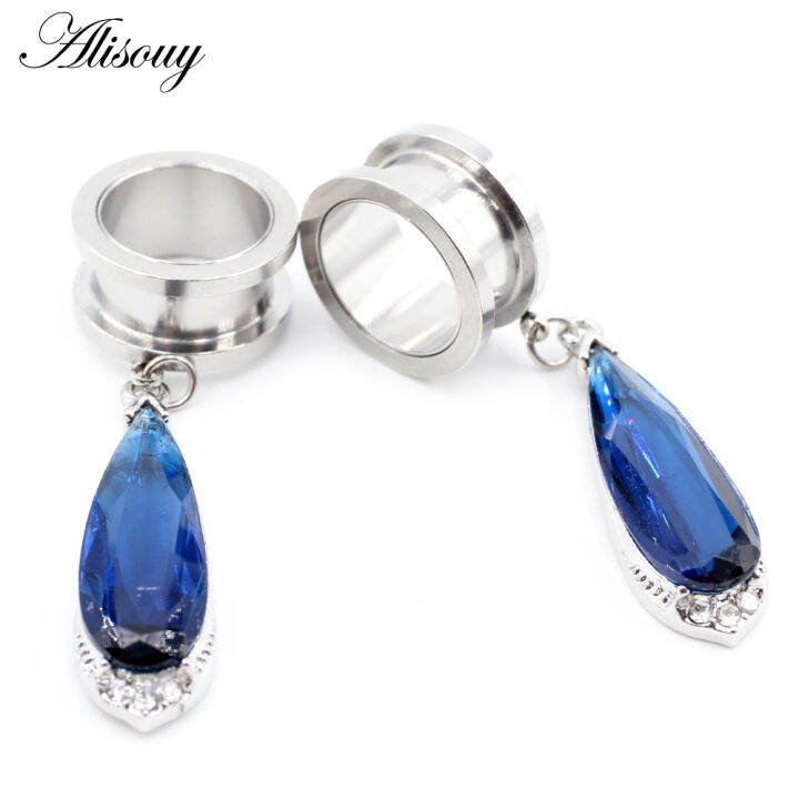 alisouy-2pcs-6-25มม-สแตนเลส-water-drop-คริสตัล-pendat-หูอุโมงค์ปลั๊ก-expander-stretcher-gauges-body-piercing-เครื่องประดับ