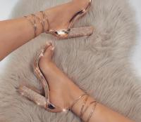 2023 New Sexy Womens High Heel Sandals Gold Rhinestone Ankle Strap High Heels Block With Transparent Shoe Ruler