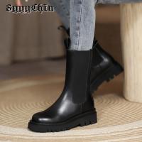 Women Chelsea Boots Spring New Black Mid Ankle Flat Platform Lady Shoes Female All Match Classic Concise Fashion Round Toe Shoes