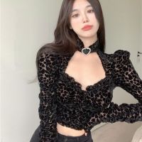 Sexy Black Love Flocking Double Layer Slim Long Sleeve Women T-Shirt Korean Hot Girl Shirring Puff Sleeve High Waist Y2K Top