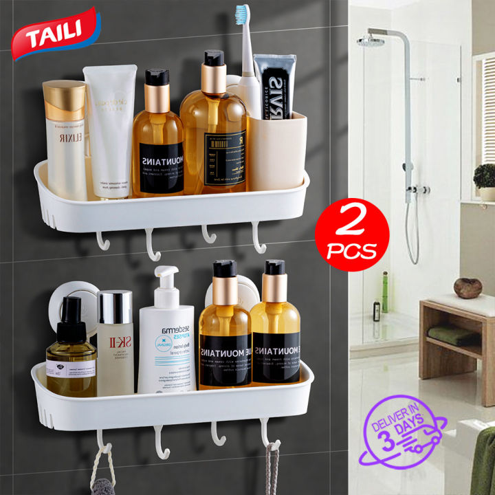 TAILI Suction Shower Caddy With 4 Hooks 2 Packs, Bathroom Shower Basket  Wall Mounted Shower Organizer for Shampoo, Body Wash,Conditioner, Plastic