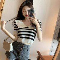 best(พร้อมส่ง/5710)2021เสื้อสเวตเตอร์ครอฤดูร้อนเสื้อยืดแขนสั้นเอวสูงหญิงสไตล์เกาหลีสีลาย