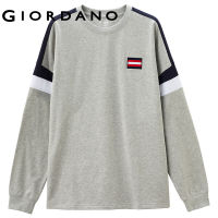 Giordano ผู้ชาย เสื้อยืดคอกลม แขนยาว คอกลมสีตัดกัน ทรงไหล่ตก ลายปักผ้าฝ้าย 01021813