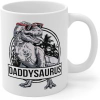 DATDesigns แก้วลาย Daddysaurus T-Rex Dadddy พ่อพ่อไดโนเสาร์ Saurus ถ้วยจับคู่สำหรับวันแม่/วันพ่อครอบครัวแก้วกาแฟ11ออนซ์สีขาว