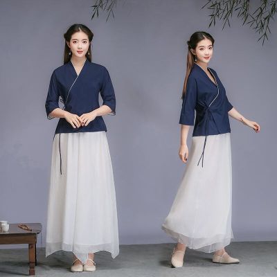 ชุดเครื่องแบบไทชิใหม่ชุดจีน Hanfu สไตล์จีนย้อนยุคสูทเซนฤดูร้อนชุดจีนโบราณชุดน้ำชาสำหรับผู้หญิง