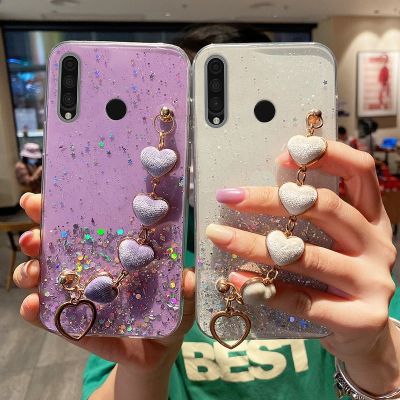 「Enjoy electronic」 Luxury Love Heart Plush Bracelet Phone Case For Huawei P30Lite P20 P40P50 Mate20 Y7A Y9 Y6P Psmart2021 Wrist Chain Silicon Cover