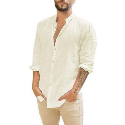 ZZOOI 100% Cotton Linen Hot Sale Mens Long-Sleeved Shirts Summer Solid Color  Stand-Up Collar Casual Beach Style Plus Size