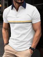 【CC】⊙  Mens Striation Short-Sleeved Polo Shirt Office Lapel Clothing