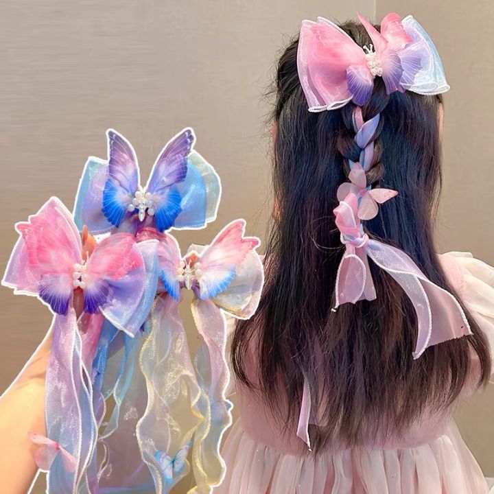 Mesh Butterfly Ribbon Bow With Streamers Hair Clip For Girls' Back