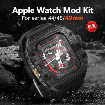 คาร์บอนไฟเบอร์สุดหรูเคสชุดแท่งสำหรับ Apple Watch Ultra 49Mm 45MM 44MM Tali Jam Tangan Karet กรอบเคสสำหรับ I Watch Ultra 8 7 6 (ไม่รวมนาฬิกา)