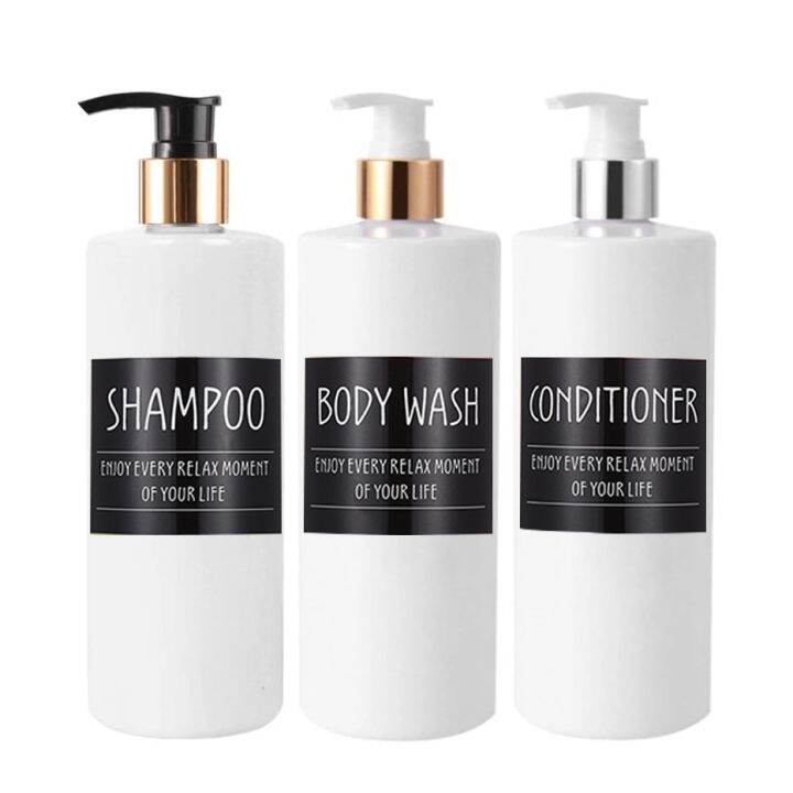 500Ml White Soap Dispenser With Black Labels Bathroom Shampoo Body Wash Conditioner Dispenser