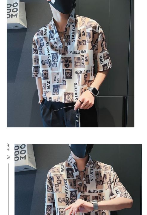 เสื้อเสื้อโปโลแขนครึ่งแขนสำหรับผู้ชาย-เสื้อเสื้อสวมศีรษะมีปกพิมพ์ลายเสื้อผู้ชายลำลองเกาหลีไซส์พิเศษใหม่ฤดูร้อน