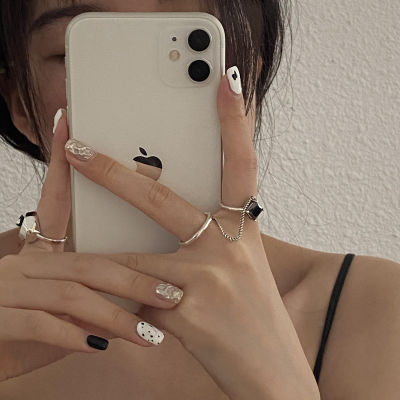 （HOT) สไตล์เกาหลี S925 ห่วงโซ่เงินแหวนสองนิ้วพู่หญิงวินเทจแฟชั่นสีดำสง่างามเพทายเปิดแหวนนิ้วชี้อินเทรนด์