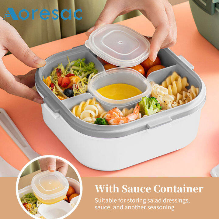 Double Layer Salad Lunch Container 4-Compartment with Sauce Container