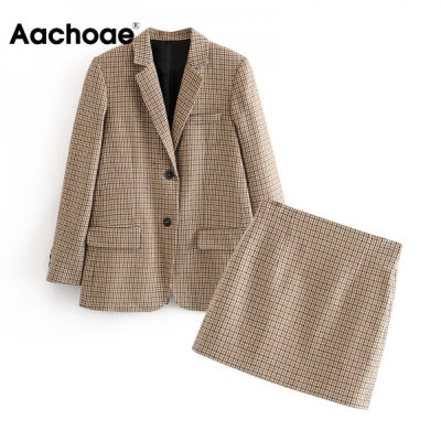 Aachoae Fashion Office Ladies Suit Set Women Two Piece Set Houndstooth Single Breasted Blazer With High Waist Chic Mini Skirt