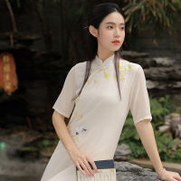 Qingshuzhaichun สไตล์จีนแห่งชาติชุดหญิงวรรณกรรมชาชุดปรับปรุง Cheongsam Crane ปักกระโปรงยาว