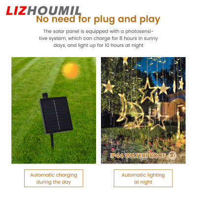 LIZHOUMIL 138LED พร้อมรีโมทควบคุม Lampu Tenaga Surya สตริงสำหรับเดือนรอมฎอนระเบียงหน้าต่างสนามหลังบ้านเต็นท์ดอกกุหลาบแต่งลานบ้านในสวน