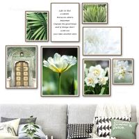 Nordic Home Decor: โปสเตอร์และภาพพิมพ์พืชดอกไม้,สีขาว Agave Green Leaf,ประตู Quotes - Wall Art ภาพวาดผ้าใบสำหรับห้องนั่งเล่น