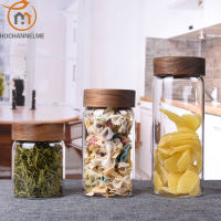 Storage Airtight Container Transparent Glass jar Threaded mouth wooden cover kitchen containers Coffee beans honey Savings