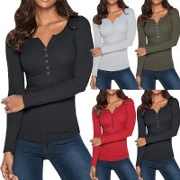 New V-Neck T-Shirt For Woman 2023 Autumn Vintage Solid Color Button Basic Top Tee Shirt Casual Long Sleeve Pullover Tunic Ladies