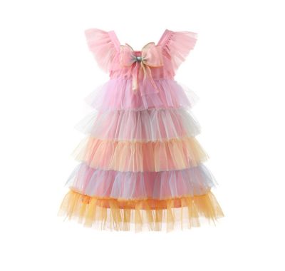 Retail New Baby Girls Summer Soft Rainbow Mesh Dress Princess Kids Sweet Dresses Holiday 1-6 T