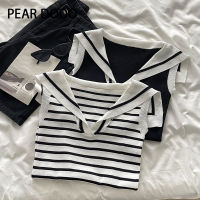 PEAR DODO เสื้อแขนกุดลายทางสีน้ำเงินของผู้หญิง Baju Rajutan เกาหลี