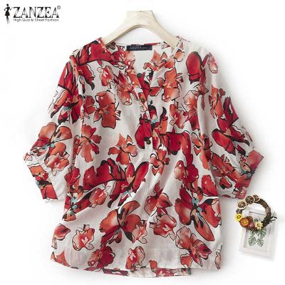 (สินค้ามาใหม่)(จัดส่งฟรี)Fancystyle ZANZEA เสื้อหน้ากระดุมวินเทจลงของผู้หญิงเสื้อแขนดอกไม้พิมพ์สั้น #2